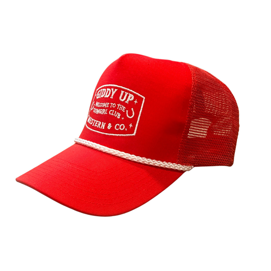 One red snapback hat featuring Giddy Up in text and a vintage rope design.