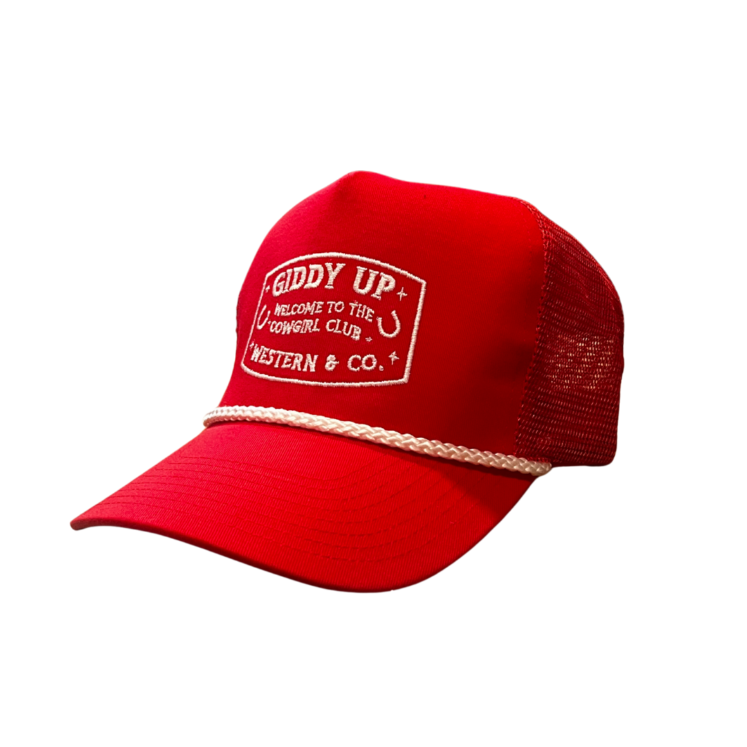 One red snapback hat featuring Giddy Up in text and a vintage rope design.