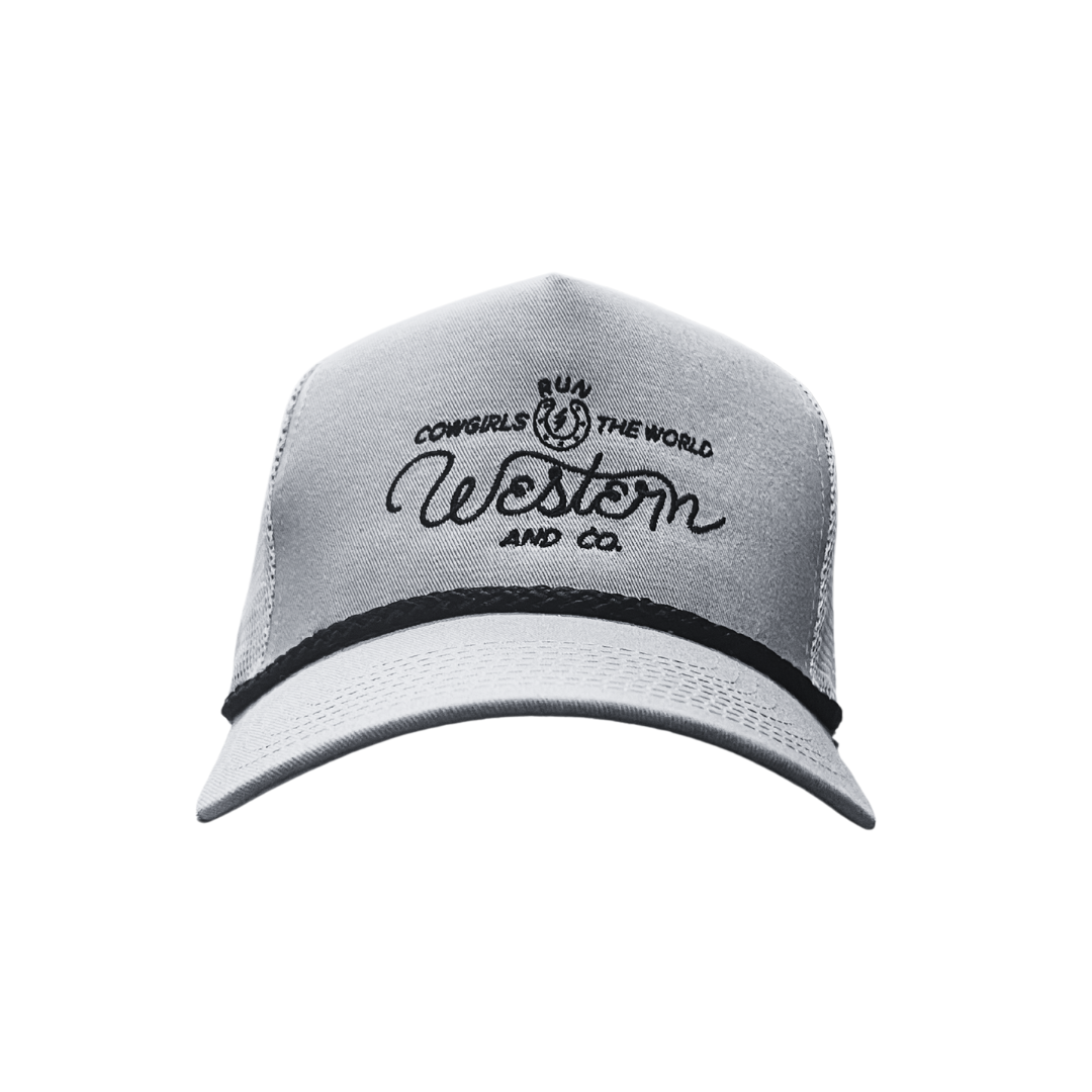 A snapback hat in white with a rope across and the front and the logo Western & Co