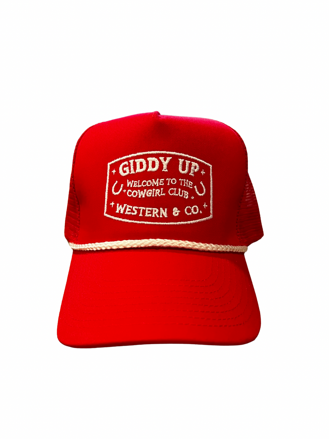 One red snapback hat featuring Giddy Up in text and a vintage rope design.