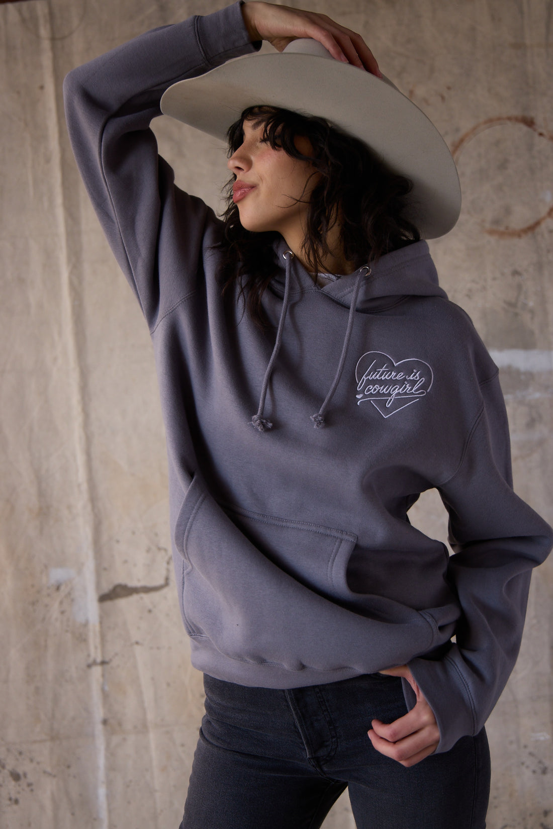 grey hoodie with heart and future is cowgirl embroidered logo
