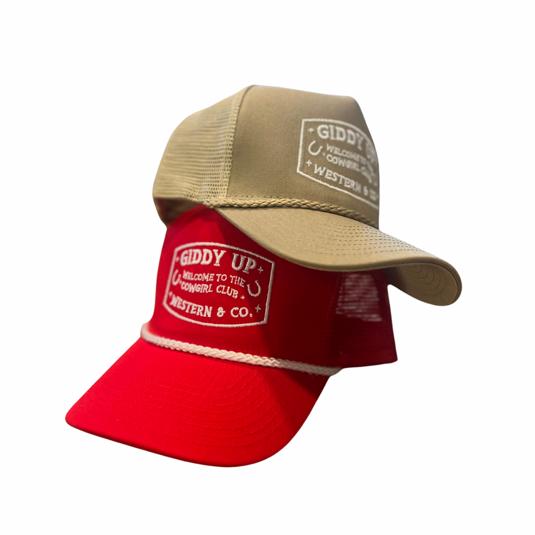 One snapback beige hat and one with red  featuring Giddy Up in text and a vintage rope design.