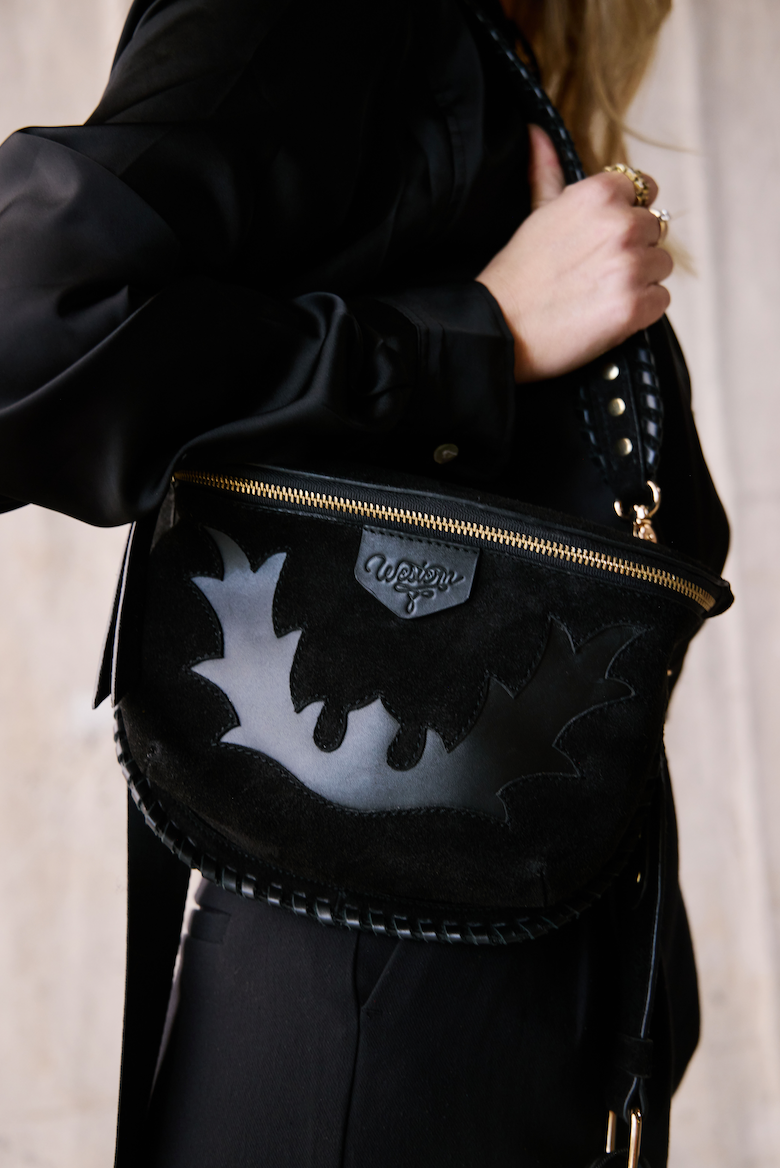 black suede bum bag with leather design and gold hardware