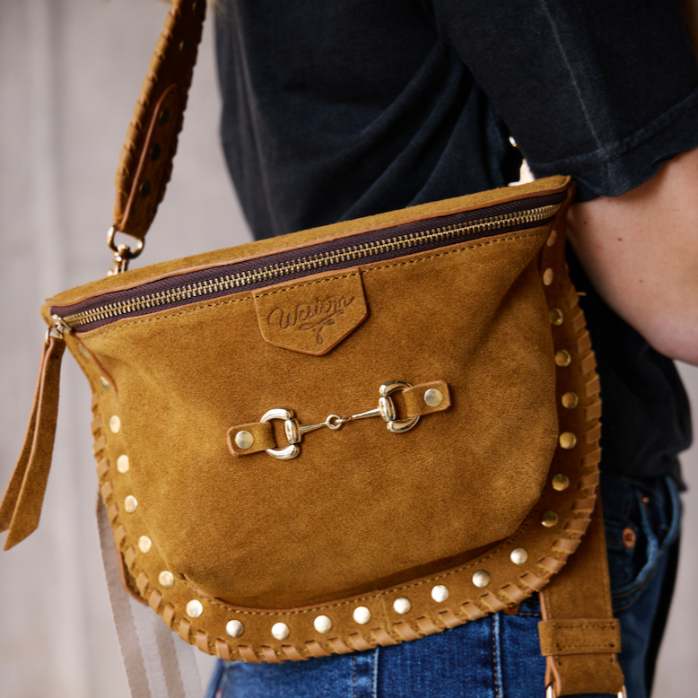 Carmel suede bum bag with gold studs and snaffle bit on front