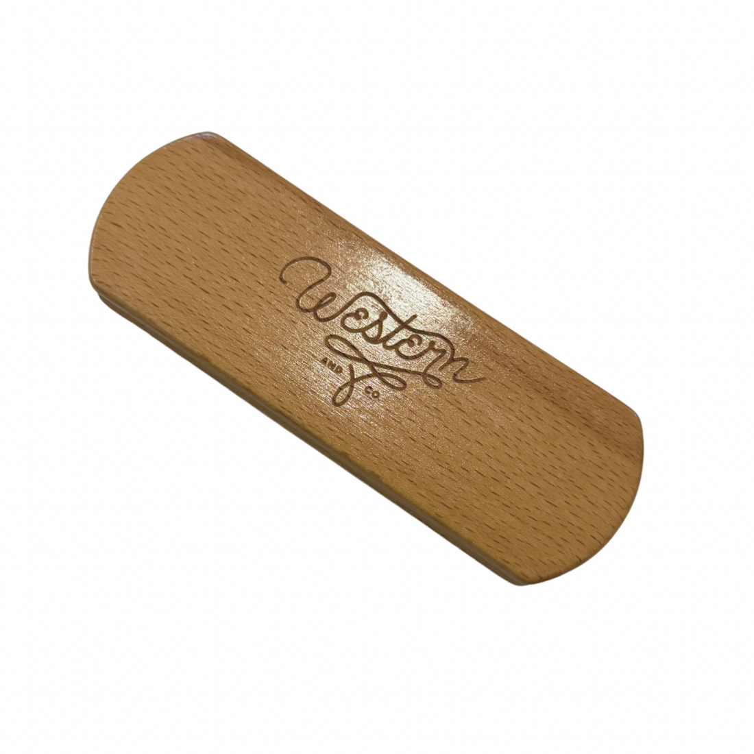 A varnished wooden crepe brush with the brand 'Weston and Co' inscribed on the surface