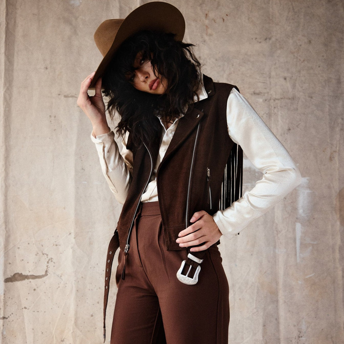chocolate suede vest with fringe and silver western buckle