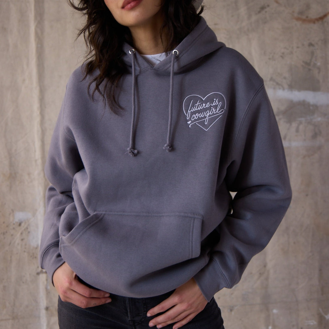 grey hoodie with heart and future is cowgirl embroidered logo