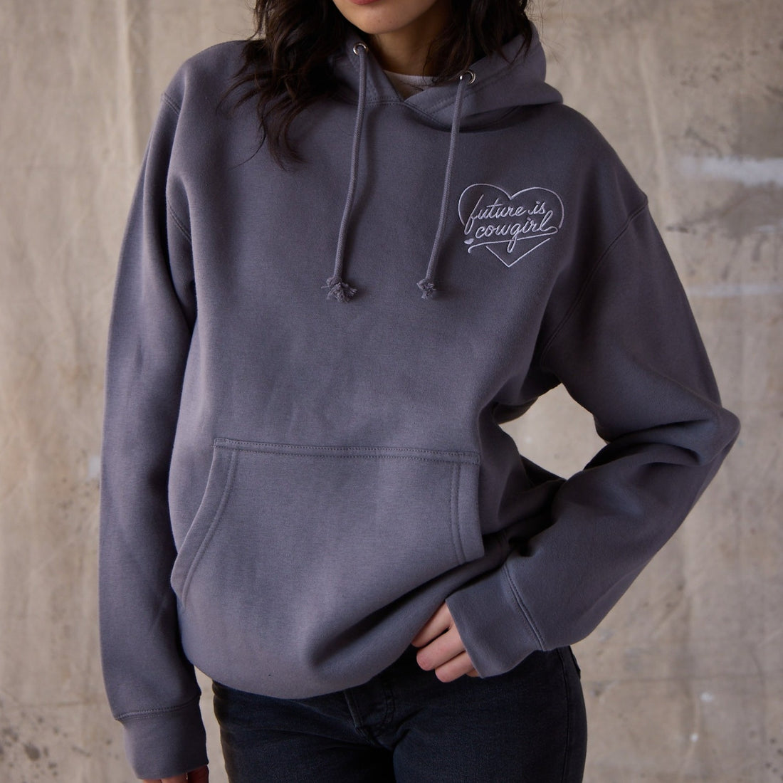 grey hoodie with heart and future is cowgirl embroidered logo