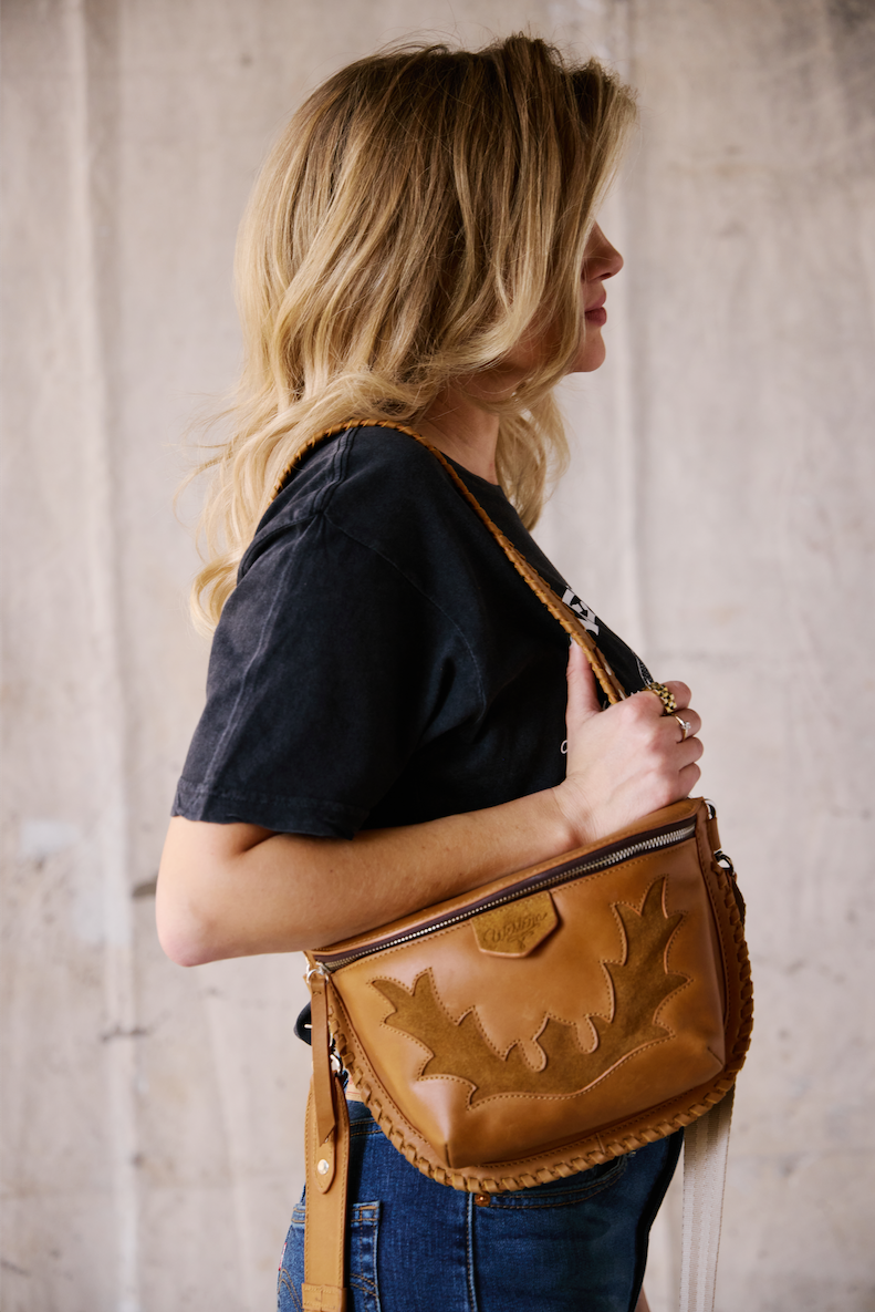 brown leather western bum bag with western applique design