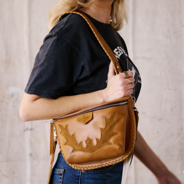 brown leather western bum bag with western applique design