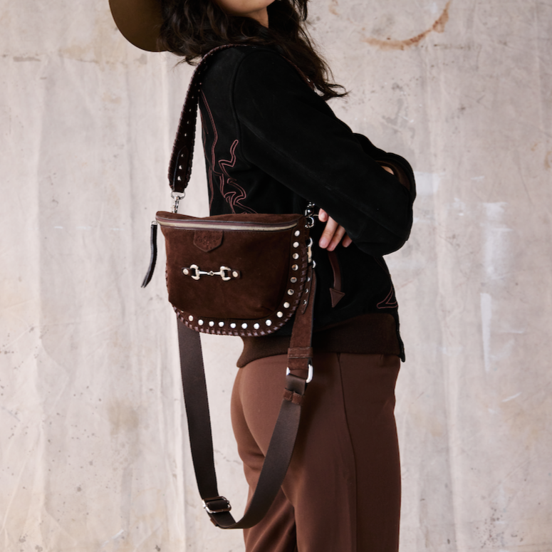 chocolate suede bum bag with snaffle bit and studs on front
