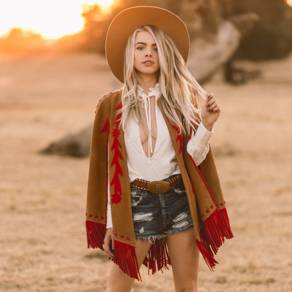 PREORDER Babe Suede Cape - Carmel & Red - Western & Co.